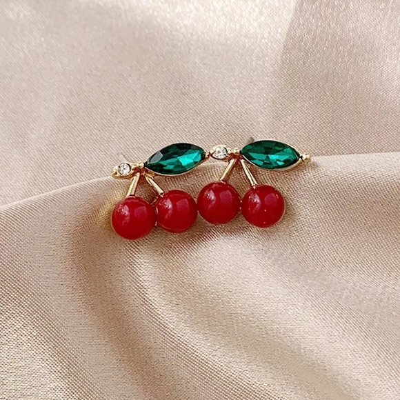 chichigems Jewelry - Gold Red Dark Cherry Fruit Stud Earrings NEW